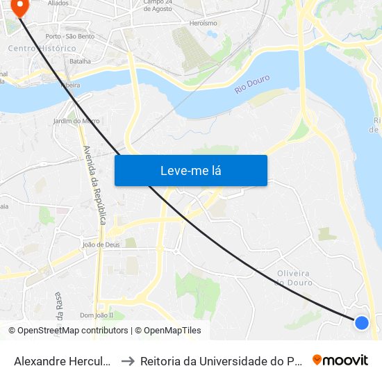 Alexandre Herculano to Reitoria da Universidade do Porto map