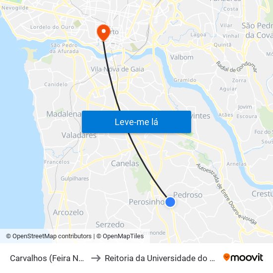 Carvalhos (Feira Nova) to Reitoria da Universidade do Porto map