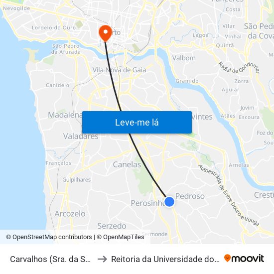 Carvalhos (Sra. da Saúde) to Reitoria da Universidade do Porto map