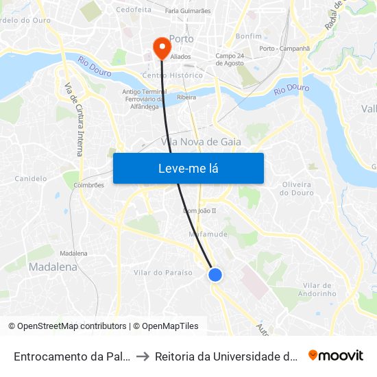 Entrocamento da Palmeira to Reitoria da Universidade do Porto map