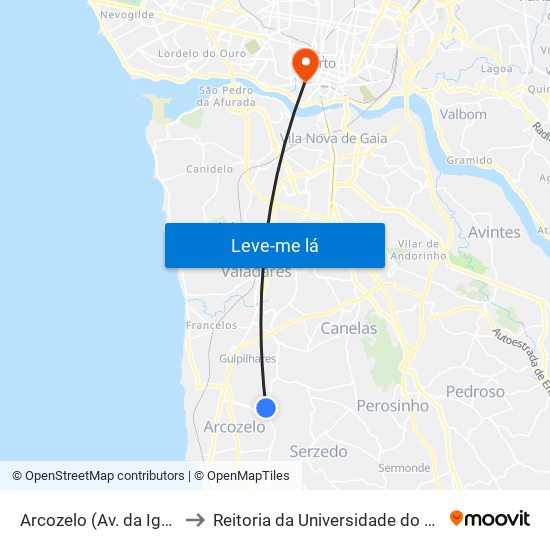 Arcozelo (Av. da Igreja) to Reitoria da Universidade do Porto map