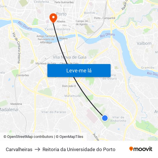 Carvalheiras to Reitoria da Universidade do Porto map