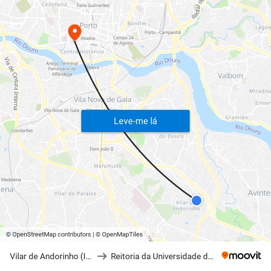 Vilar de Andorinho (Igreja) to Reitoria da Universidade do Porto map