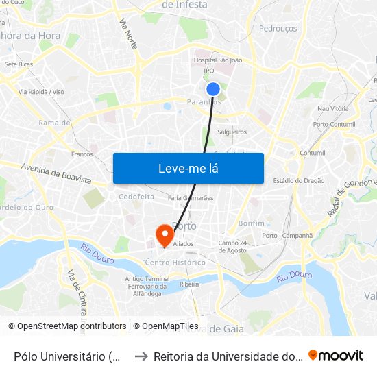 Pólo Universitário (Metro) to Reitoria da Universidade do Porto map