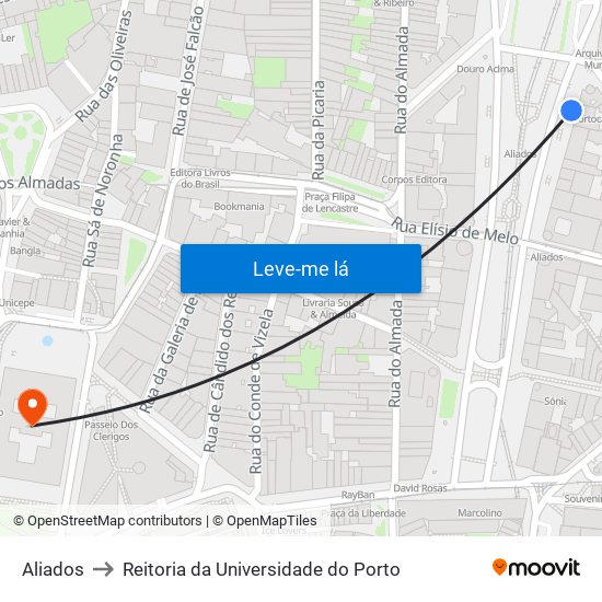 Aliados to Reitoria da Universidade do Porto map