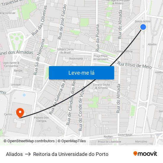 Aliados to Reitoria da Universidade do Porto map