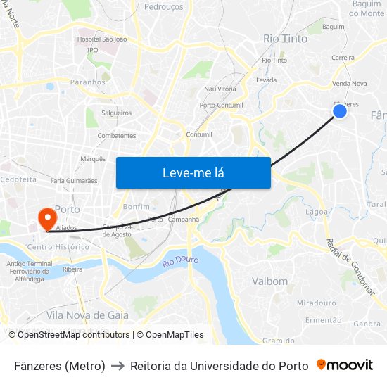 Fânzeres (Metro) to Reitoria da Universidade do Porto map