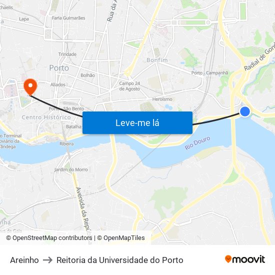 Areinho to Reitoria da Universidade do Porto map