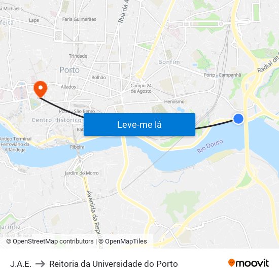 J.A.E. to Reitoria da Universidade do Porto map