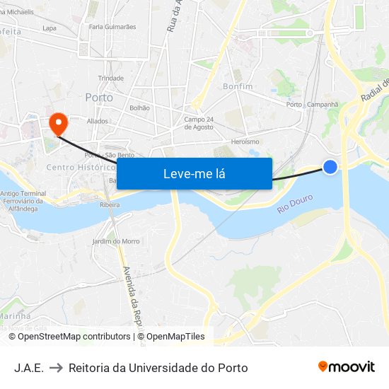 J.A.E. to Reitoria da Universidade do Porto map