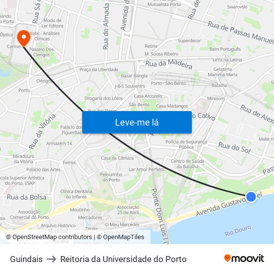 Guindais to Reitoria da Universidade do Porto map