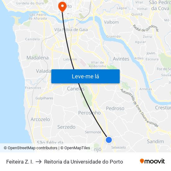 Feiteira Z. I. to Reitoria da Universidade do Porto map