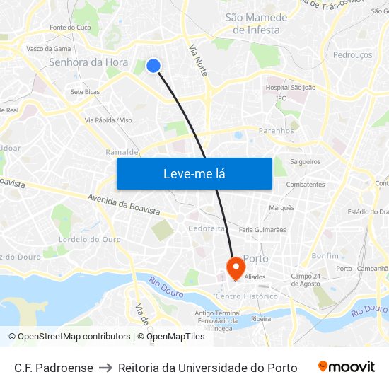 C.F. Padroense to Reitoria da Universidade do Porto map