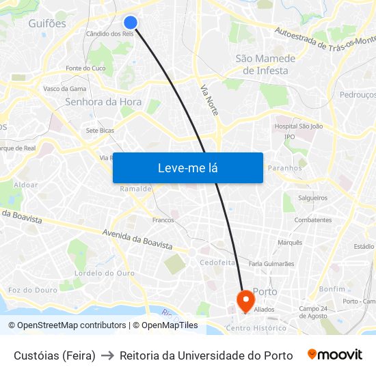 Custóias (Feira) to Reitoria da Universidade do Porto map