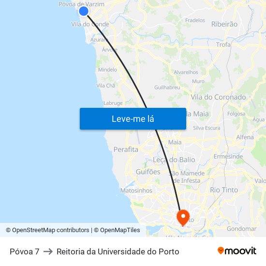 Póvoa 7 to Reitoria da Universidade do Porto map