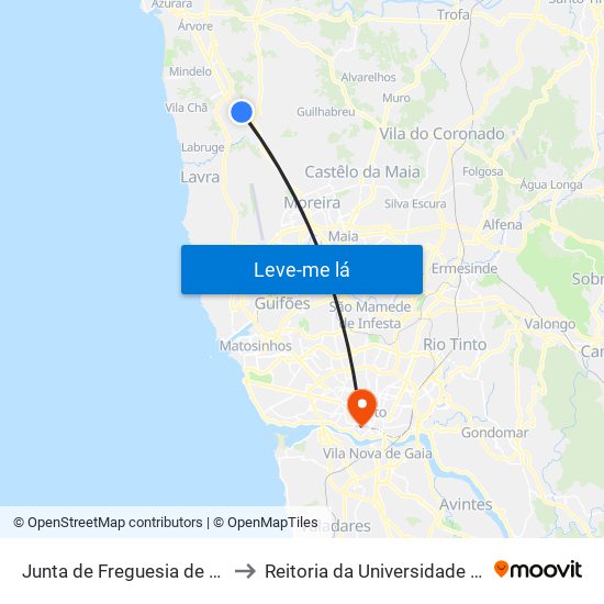 Junta de Freguesia de Modivas to Reitoria da Universidade do Porto map