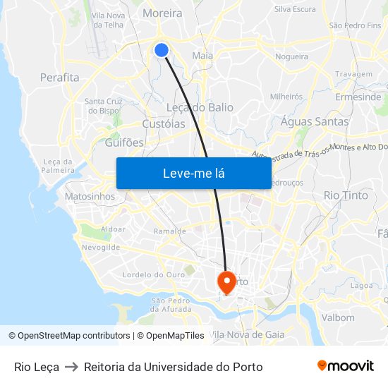 Rio Leça to Reitoria da Universidade do Porto map