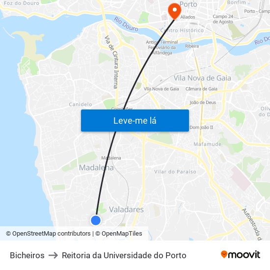 Bicheiros to Reitoria da Universidade do Porto map