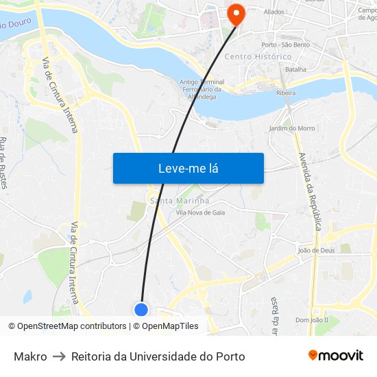 Makro to Reitoria da Universidade do Porto map