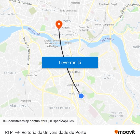 RTP to Reitoria da Universidade do Porto map