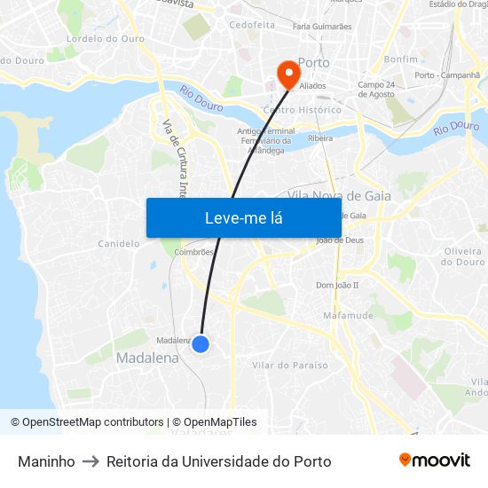 Maninho to Reitoria da Universidade do Porto map