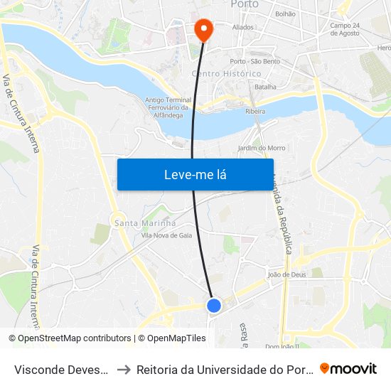 Visconde Devesas to Reitoria da Universidade do Porto map