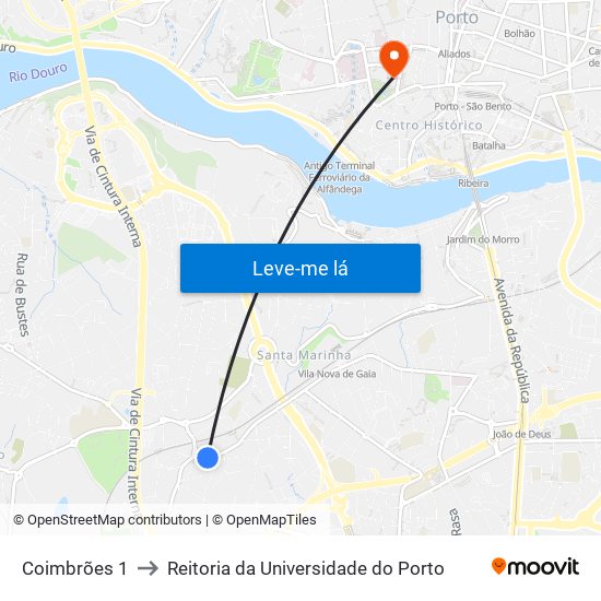 Coimbrões 1 to Reitoria da Universidade do Porto map