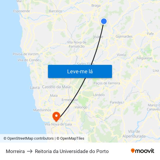 Morreira to Reitoria da Universidade do Porto map