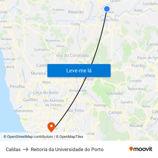 Caldas to Reitoria da Universidade do Porto map