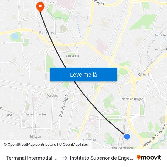 Terminal Intermodal de Campanhã to Instituto Superior de Engenharia do Porto map
