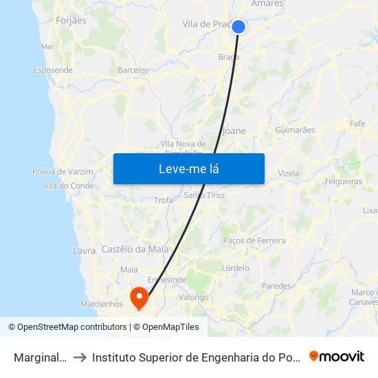 Marginal V to Instituto Superior de Engenharia do Porto map