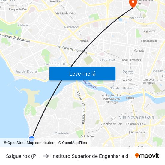 Salgueiros (Praia) to Instituto Superior de Engenharia do Porto map