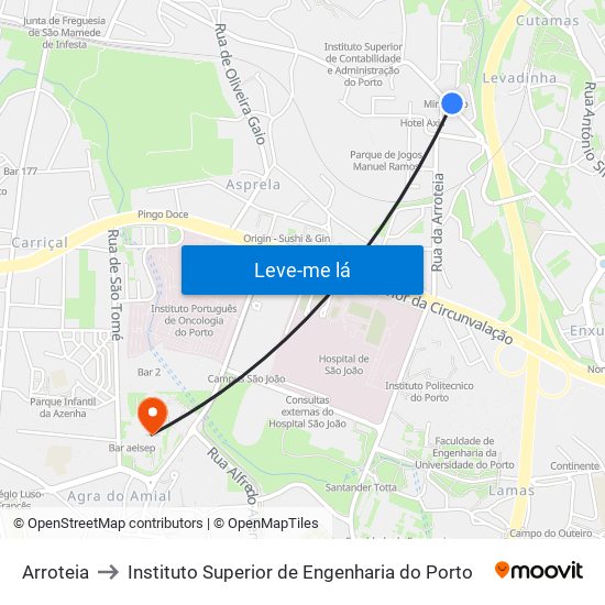 Arroteia to Instituto Superior de Engenharia do Porto map
