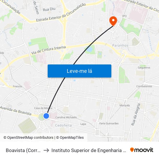 Boavista (Correios) to Instituto Superior de Engenharia do Porto map