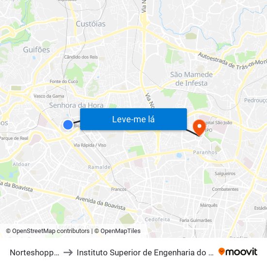 Norteshopping to Instituto Superior de Engenharia do Porto map