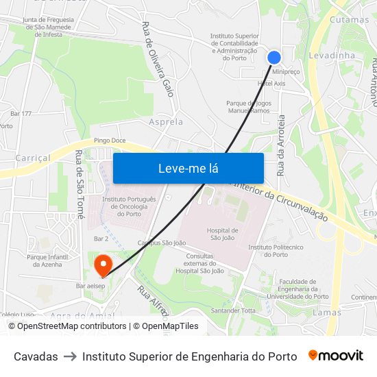 Cavadas to Instituto Superior de Engenharia do Porto map