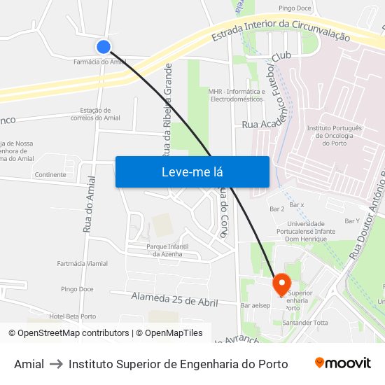 Amial to Instituto Superior de Engenharia do Porto map