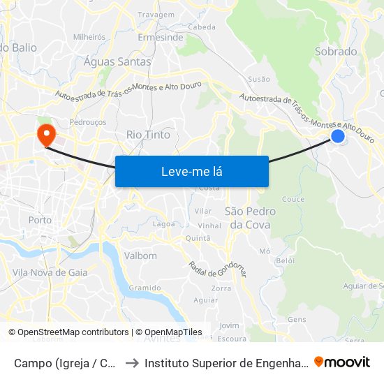 Campo (Igreja / Cemitério) to Instituto Superior de Engenharia do Porto map