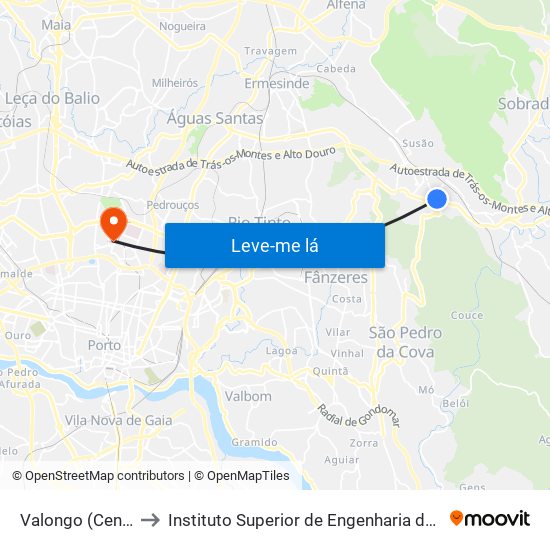 Valongo (Centro) to Instituto Superior de Engenharia do Porto map