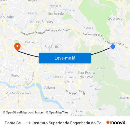 Ponte Seca to Instituto Superior de Engenharia do Porto map