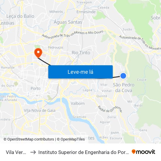Vila Verde to Instituto Superior de Engenharia do Porto map