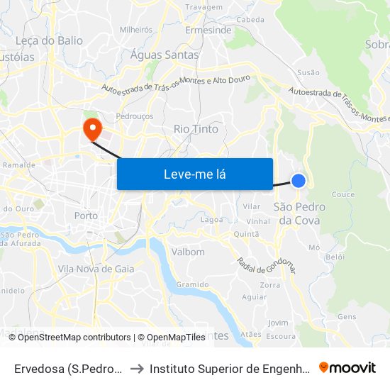 Ervedosa (S.Pedro da Cova) to Instituto Superior de Engenharia do Porto map