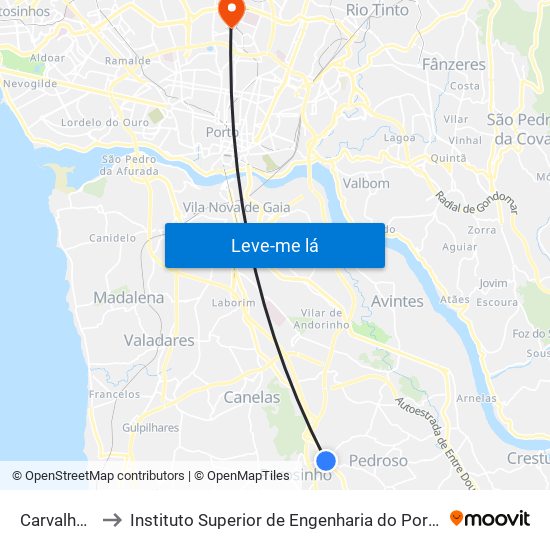 Carvalhos to Instituto Superior de Engenharia do Porto map