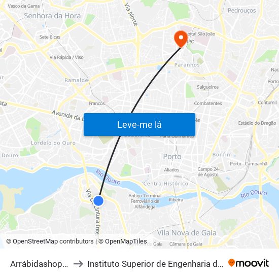 Arrábidashopping to Instituto Superior de Engenharia do Porto map