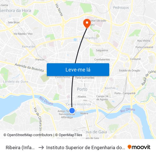 Ribeira (Infante) to Instituto Superior de Engenharia do Porto map