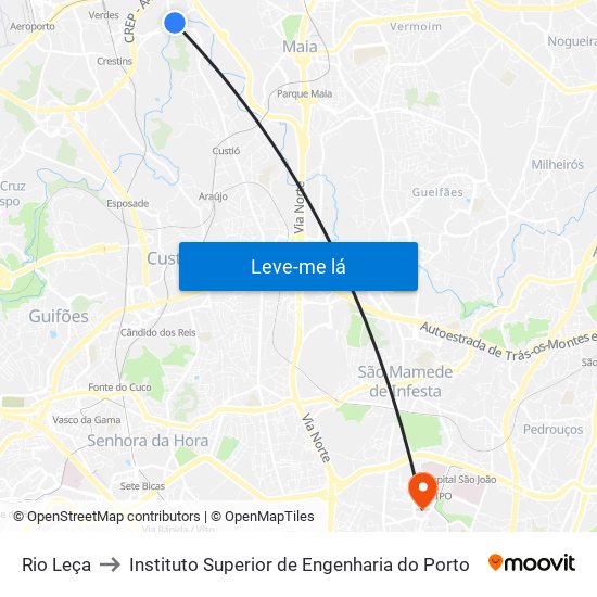 Rio Leça to Instituto Superior de Engenharia do Porto map
