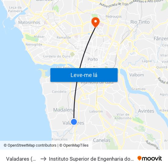 Valadares (Est) to Instituto Superior de Engenharia do Porto map