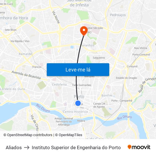 Aliados to Instituto Superior de Engenharia do Porto map