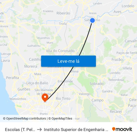 Escolas (T. Pelayo) to Instituto Superior de Engenharia do Porto map