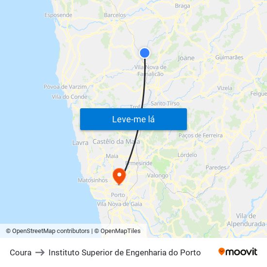 Coura to Instituto Superior de Engenharia do Porto map